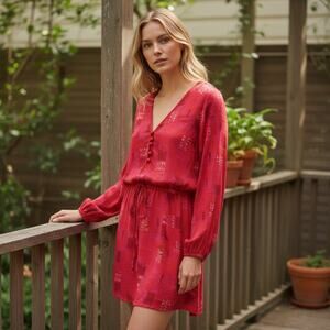 Veronica Beard Tie Waist Dress Coverup Women's Large Pink Print V-neck Casual